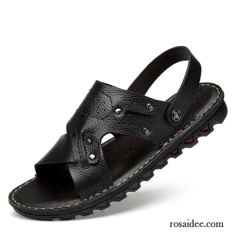 Sandalen Herren Echtleder Casual Sommer Pantolette Dicke Sohle Schuhe Sandfarben Braun