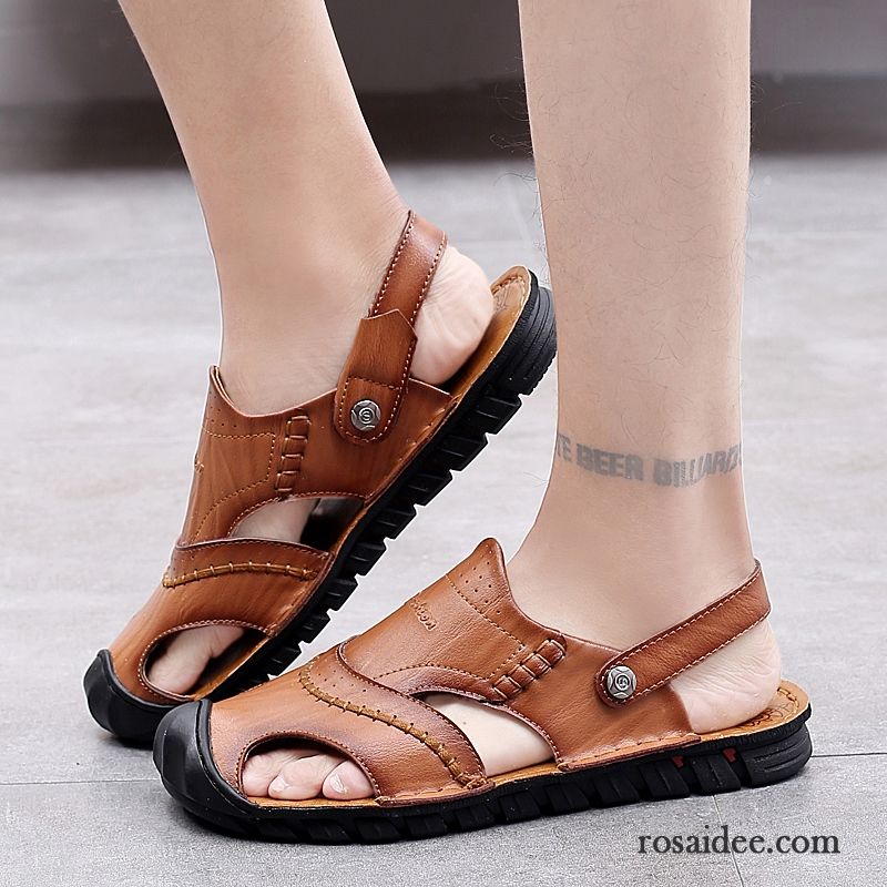 Sandalen Herren Echtleder Pantolette Neue Persönlichkeit Casual Mode Sandfarben Braun Gelb