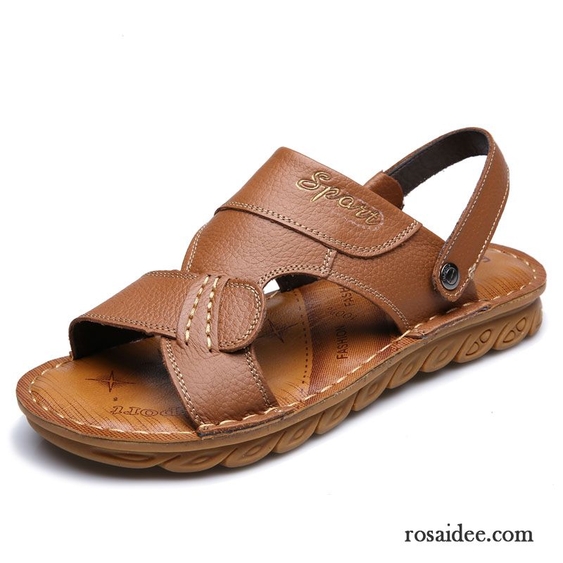 Sandalen Herren Lederschue Pantolette Rutschsicher Weiche Sohle Echtleder Sommer Sandfarben Braun