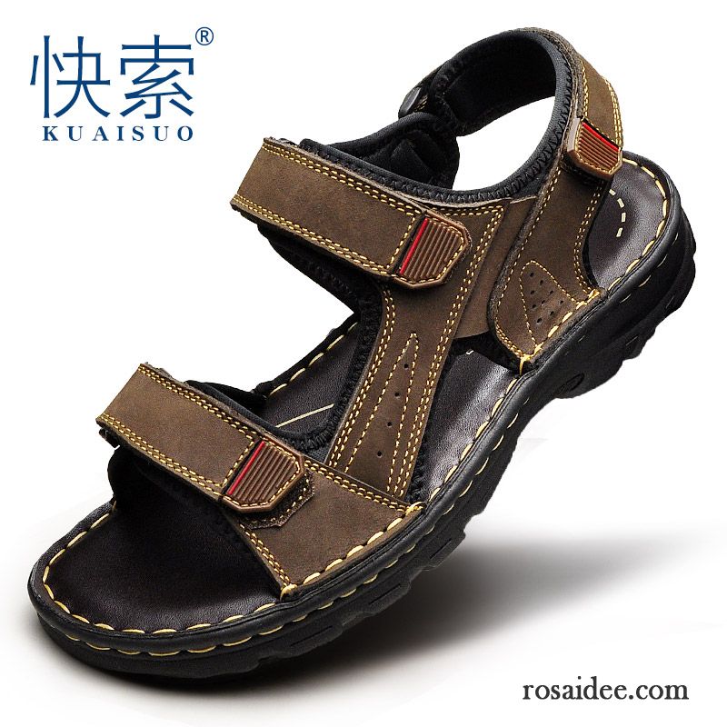 Sandalen Herren Neue Sommer Pantolette Allgleiches Trend Echtleder Sandfarben Schwarz