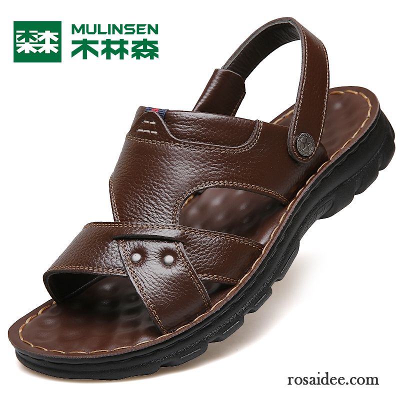 Sandalen Herren Pantolette Echtleder Neue Weiche Sohle Casual Sommer Sandfarben Braun