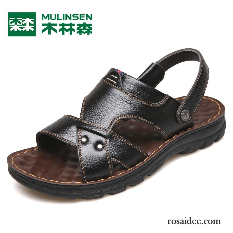 Sandalen Herren Pantolette Echtleder Neue Weiche Sohle Casual Sommer Sandfarben Braun