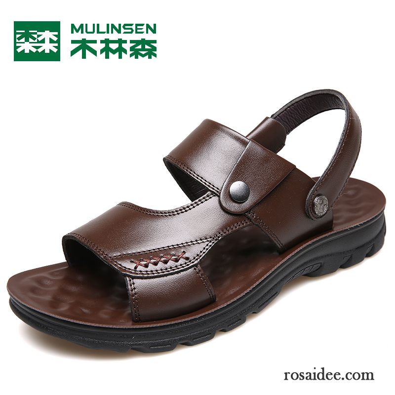 Sandalen Herren Pantolette Echtleder Neue Weiche Sohle Casual Sommer Sandfarben Braun