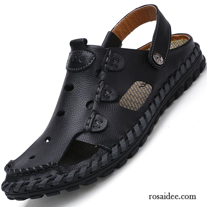 Sandalen Herren Sommer Atmungsaktiv Casual Schuhe Echtleder Pantolette Sandfarben Braun