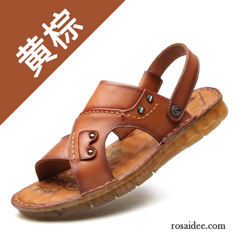 Sandalen Herren Sommer Echtleder Weiche Sohle Casual Neue Mode Sandfarben Braun