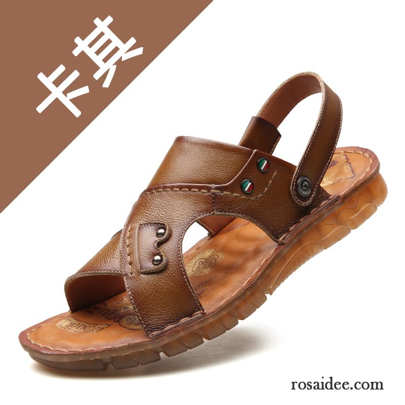 Sandalen Herren Sommer Echtleder Weiche Sohle Casual Neue Mode Sandfarben Braun