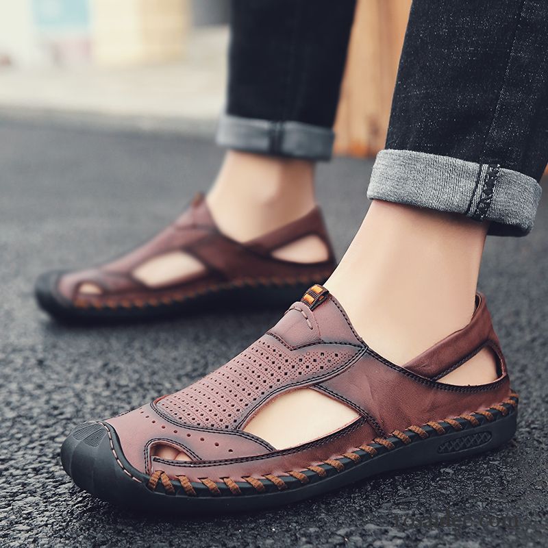 Sandalen Herren Trend Echtleder Sommer Hohl Weiche Sohle Rutschsicher Sandfarben Braun