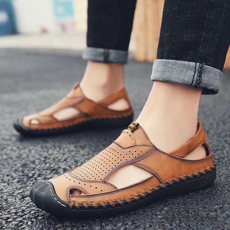 Sandalen Herren Trend Echtleder Sommer Hohl Weiche Sohle Rutschsicher Sandfarben Braun