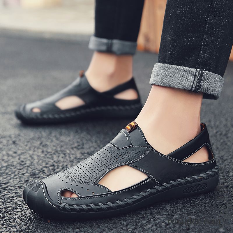 Sandalen Herren Trend Echtleder Sommer Hohl Weiche Sohle Rutschsicher Sandfarben Braun