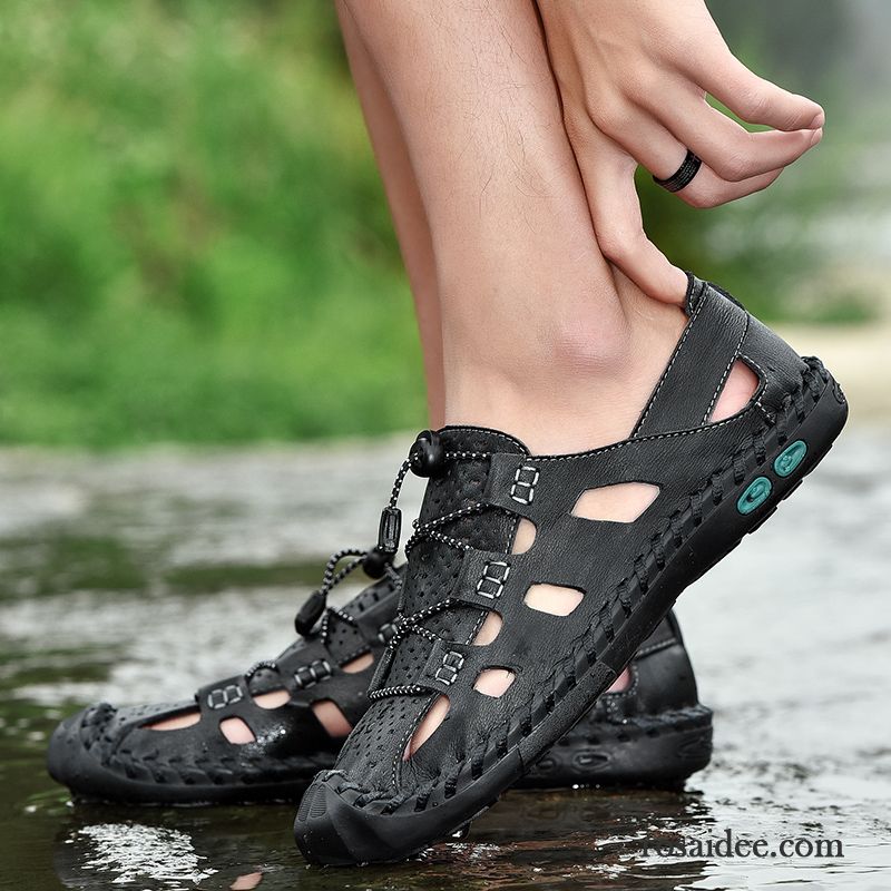 Sandalen Herren Trend Echtleder Sommer Hohl Weiche Sohle Rutschsicher Sandfarben Braun