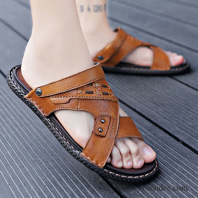 Sandalen Herren Trend Neue Hausschuhe Sommer Persönlichkeit Echtleder Sandfarben Braun