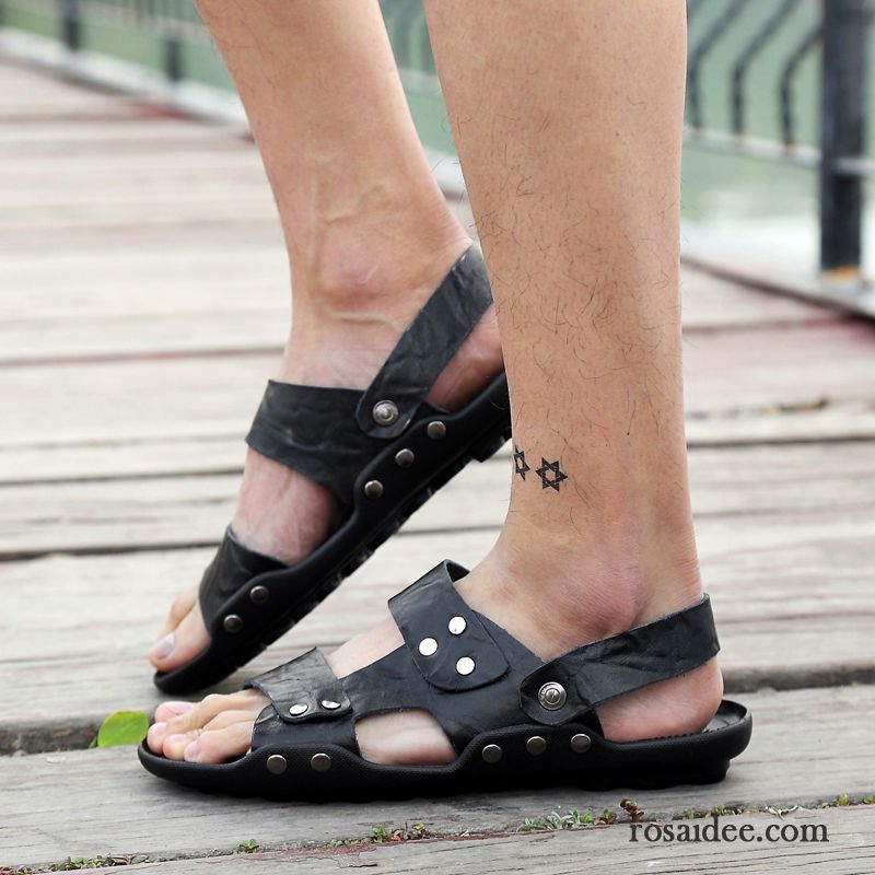 Sandalen Herren Weiche Sohle Echtleder Pantolette Atmungsaktiv Sommer Draussen Sandfarben Schwarz