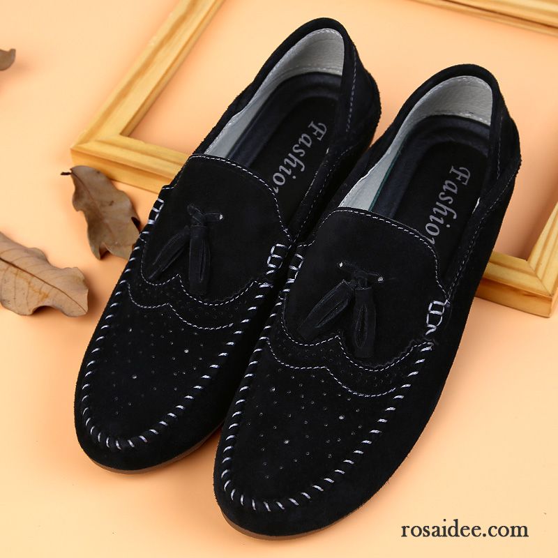 Sandalen Schwarz Herren Feder Echtleder Schuhe Slip-on Casual Atmungsaktiv England Gefrostet Weiche Sohle Trend Herren Herbst Faul Lederschue