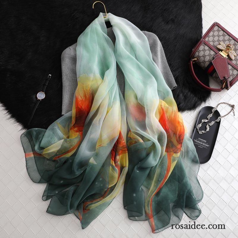 Schal Damen Groß Chiffon Frühling Bedrucken Sommer Schals Gradient Sandfarben Blau