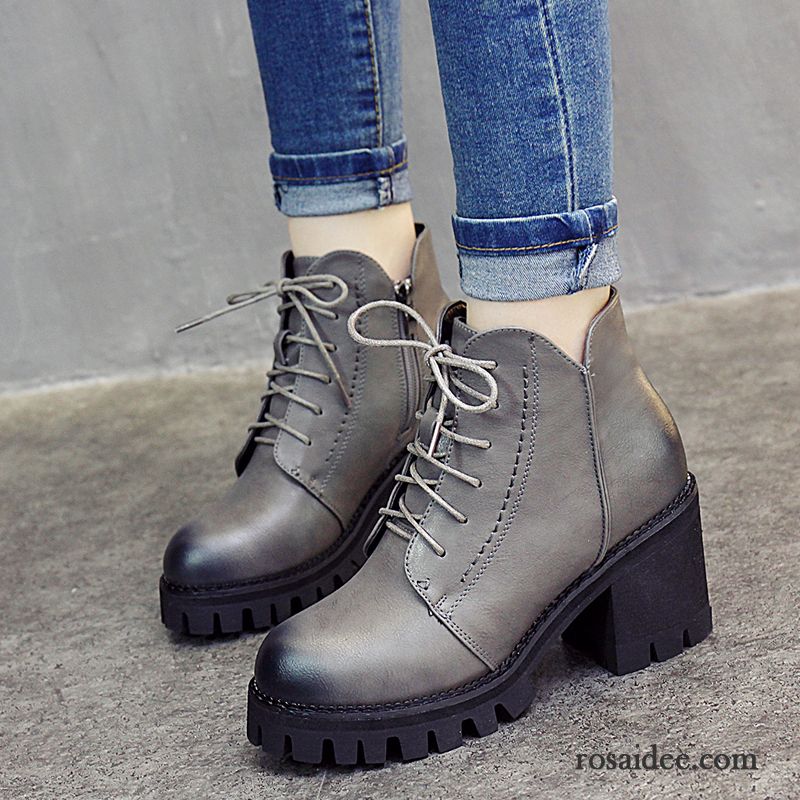 Schnürstiefel Damen Schwarz Leder Herbst Dick Plus Samt England Neue Schuhe Winter Kurze Damen Martin Stiehlt Hochhackigen Günstig