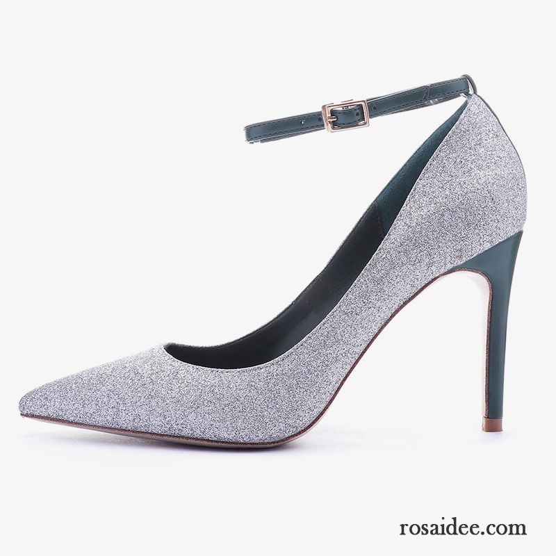 Schuhe Damen Pumps Silber Pumps Pailletten Herbst Schuhe Spitze Dünne Fersen Grau Damen Schnürschuhe Neue Billig