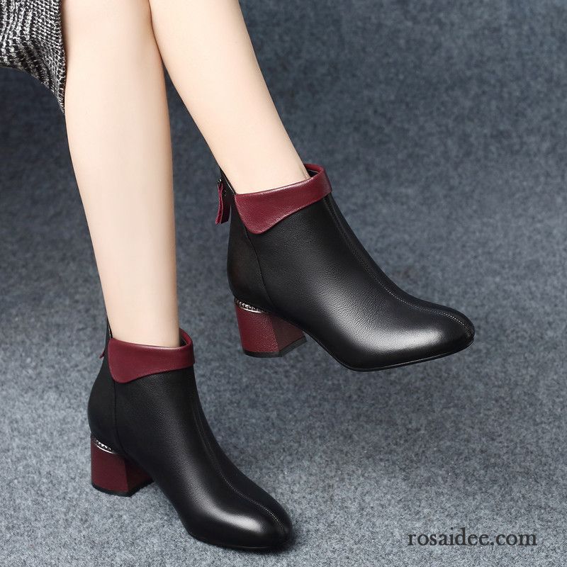 Schuhe Stiefel Damen Neue Schwarz Martin Stiehlt Runde Zehe Allgleiches Feder Echtleder Dick Winter Kurze Stiefel Herbst Hochhackigen Damen Günstig