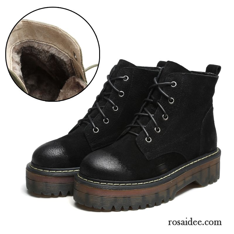 Schwarze Damenstiefel England Plus Samt Dicke Sohle Baumwolle Schuhe Retro Winter Echtleder Martin Stiehlt Schüler Damen Billig