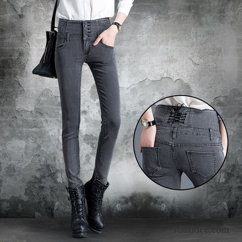 Schwarze Jeans Rissen Jeans Dünn Enger Schnallen Elastisch Herbst Hohe Taille Hose Schlank Schaltflächen Sortieren Damen Bleistift Hose