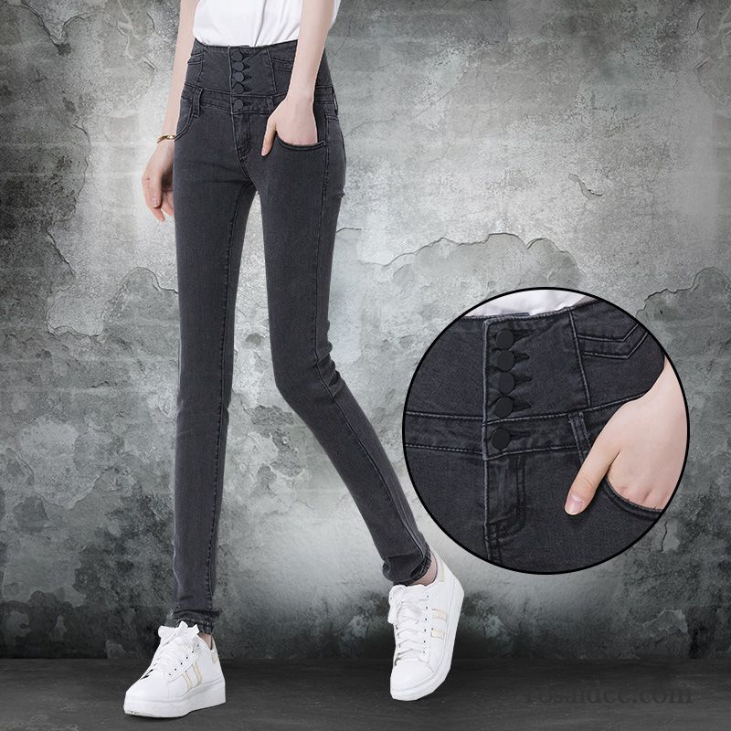 Schwarze Jeans Rissen Jeans Dünn Enger Schnallen Elastisch Herbst Hohe Taille Hose Schlank Schaltflächen Sortieren Damen Bleistift Hose