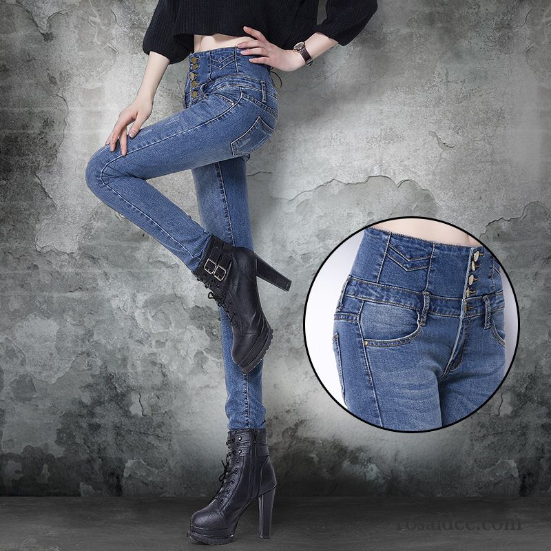 Schwarze Jeans Rissen Jeans Dünn Enger Schnallen Elastisch Herbst Hohe Taille Hose Schlank Schaltflächen Sortieren Damen Bleistift Hose