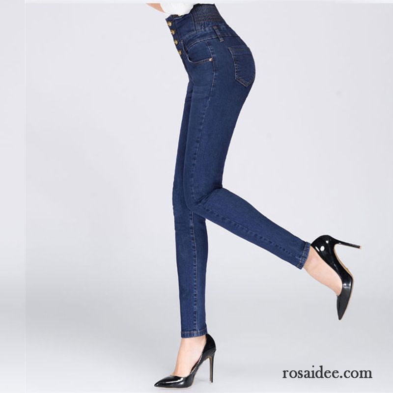 Schwarze Stretch Jeans Elastisch Enger Schnallen Große Größe Bleistift Hose Schaltflächen Sortieren Dünn Hohe Taille Schmales Bein Damen Jeans Schlank Günstig