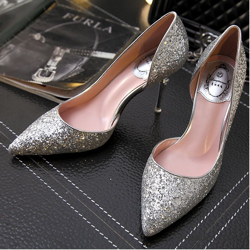 Spangenpumps Silber Damen Silber Pumps Schuhe Dünne Fersen Schnürschuhe Herbst Pailletten Neue Hochzeit Schuhe Spitze Billig