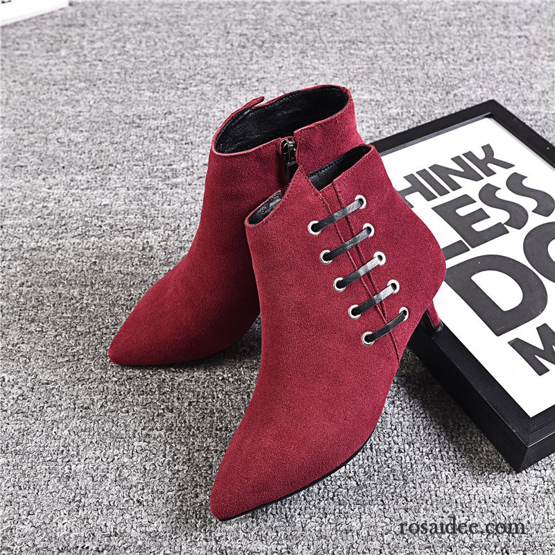 Stiefel Damen Leder Kurze Stiefel Herbst Dünne Fersen Schuhe Mode Echtleder Martin Stiehlt Spitze Winter Rot Neue Damen Kaufen