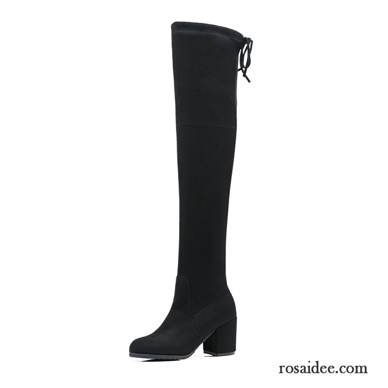 Stiefel Damen Schwarz Flach Elastizität Schwarz Winter Herbst Neue Damen Flache Stiefel Hochhackigen Dick Verkaufen