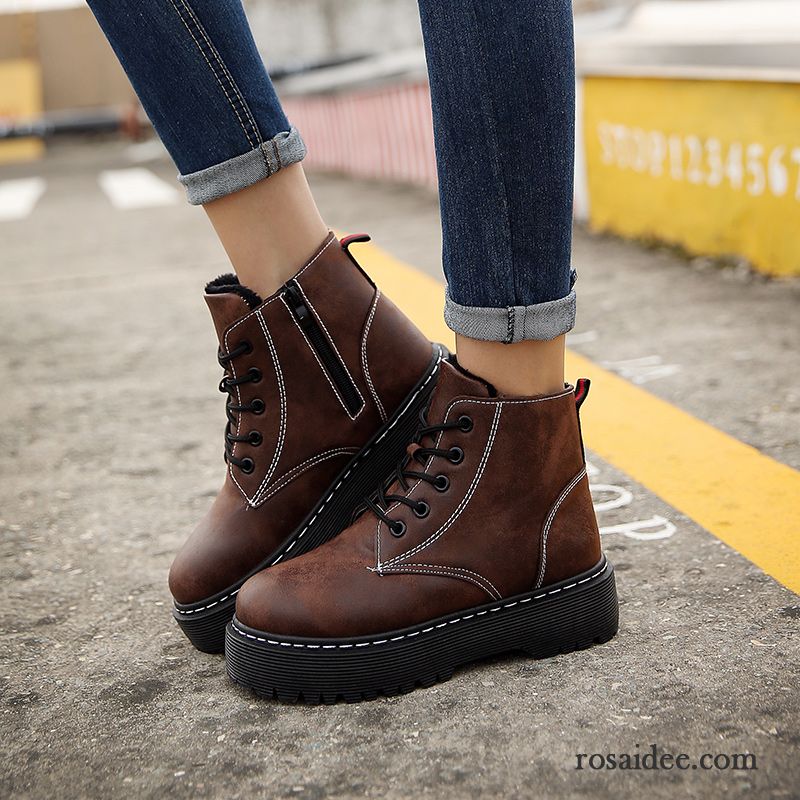 Stiefeletten Braun Leder Damen Martin Stiehlt Schnürung Dicke Sohle Winter England Herbst Damen Schneestiefel Erhöht Retro