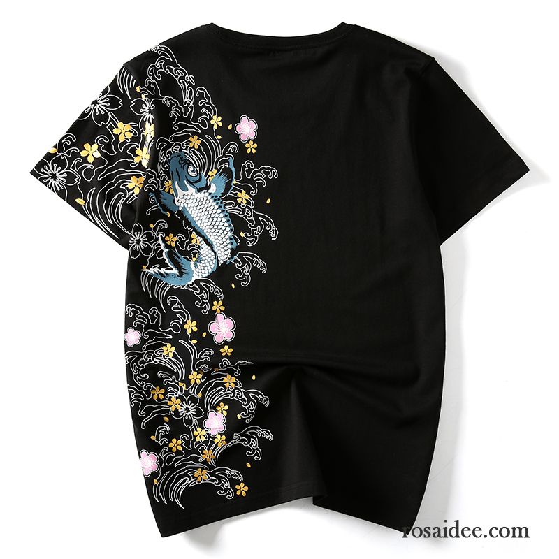 T-shirts Herren Baumwolle Sommer Nationalen Stil Chinesischer Stil Stickerei Rein Schwarz
