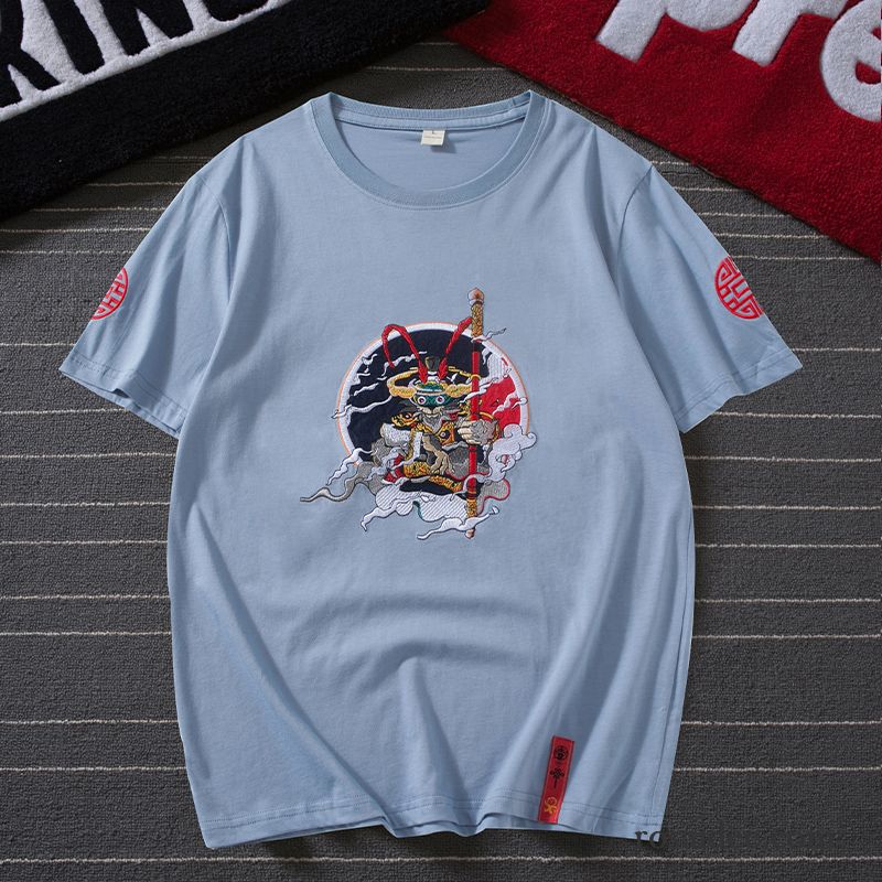 T-shirts Herren Halb Ärmel Stickerei Sommer Chinesischer Stil Rein Rundhals Schwarz