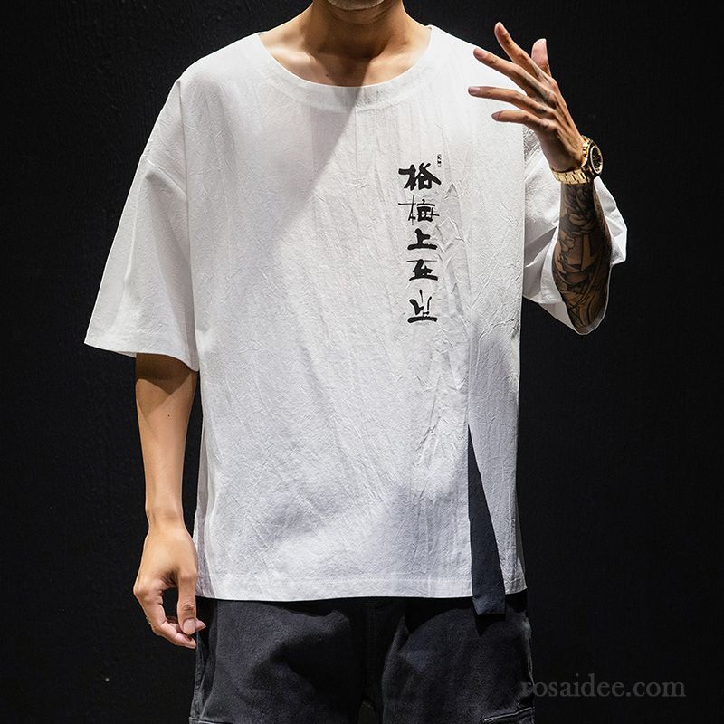 T-shirts Herren Hülse Sommer Trend Rundhals Chinesischer Stil Baumwolle Weiß