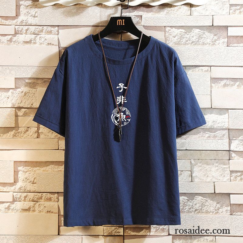 T-shirts Herren Sommer Kleider Trend Chinesischer Stil Lose Allgleiches Blau