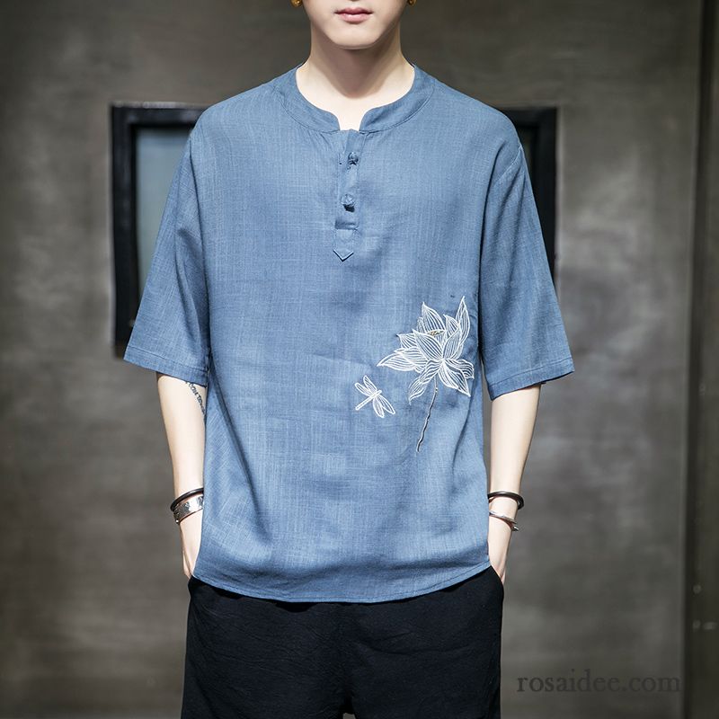 T-shirts Herren Trend Blume Dünn Kleider Sommer Chinesischer Stil Blau