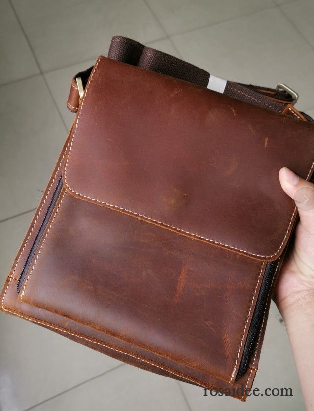 Umhängetaschen Herren Retro Kopfschicht Echtleder Einfach Freizeit Schultertaschen Braun Dunkel