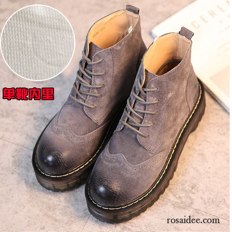 Weiße Schuhe Damen Dicke Sohle Damen Kurze Flache Retro England Plus Samt Martin Stiehlt Echtleder Winter Herbst Thermische Billig