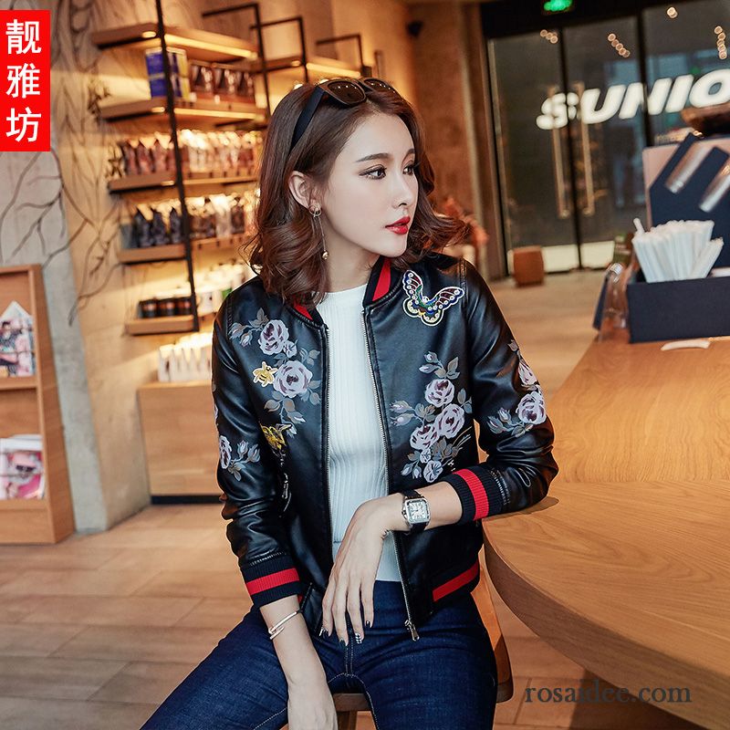 Übergangsjacke Blau Damen Leder Mode Herbst Stehkragen Überzieher Damen Plus Samt Kurzer Absatz Trend Lederjacke Neu Kaufen