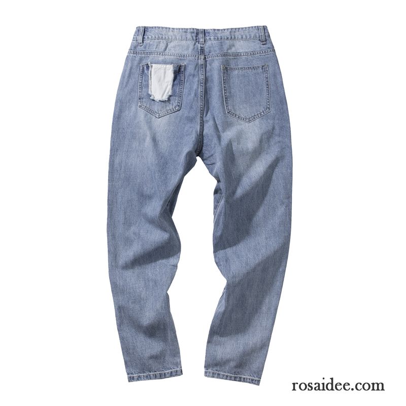 Bequeme Herren Jeans Blau Patch Gerade Waschen Retro Trend Neunte Hose Dünn Jeans Sommer Herren Tasche