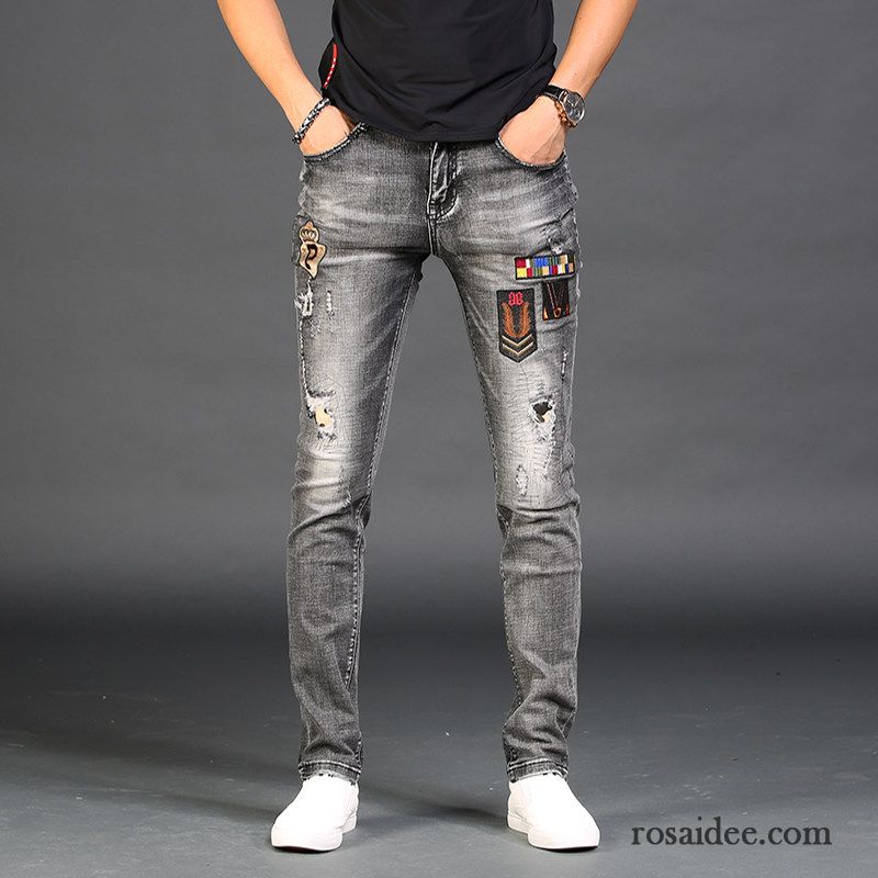 Biker Jeans Herren Schwarz Stickerei Trend Hose Schwarz Grau Herren Löcher Herbst Freizeit Neu Schmales Bein Jeans Elastisch Schlank