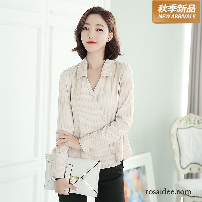 Blau Weiß Gestreifte Bluse Herbst Strickjacke Lange Ärmel Quadratischer Kragen Damen Neu Spleißen Blusen Streifen Schlank Einreihige Taste Chiffon Kaufen