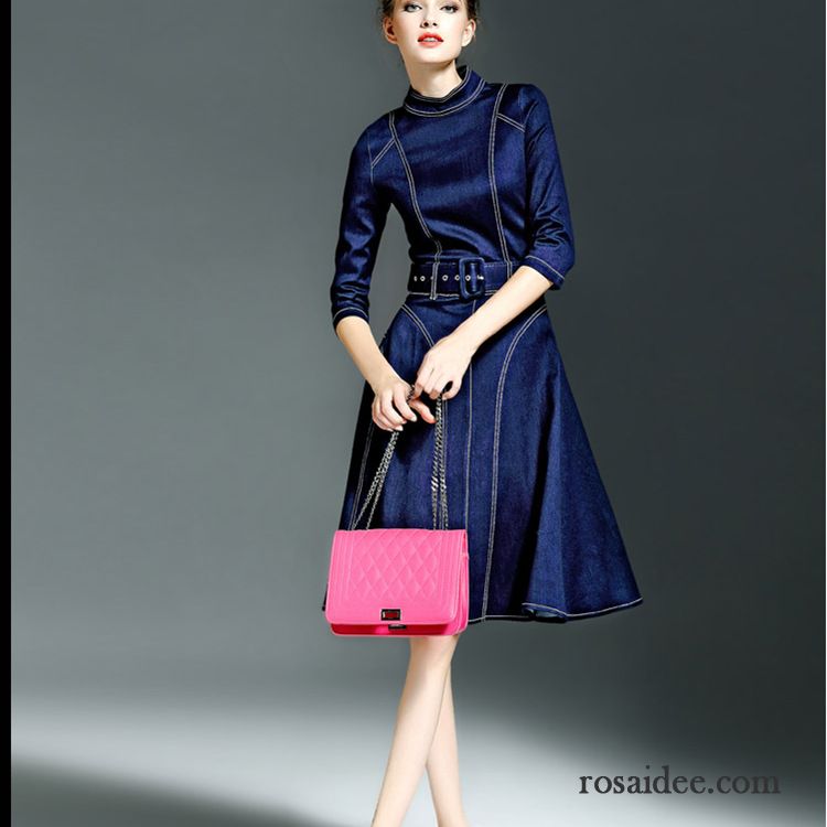 Blaues Kleid Punkten Temperament Kleider Damen Neu Mode Herbst Einfach Günstig