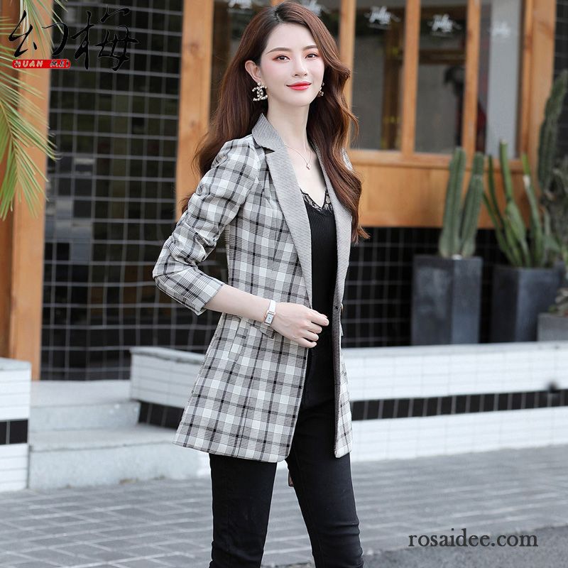 Blazer Damen Streifen Herbst Mode Langer Abschnitt Anzüge Gitter Schwarz