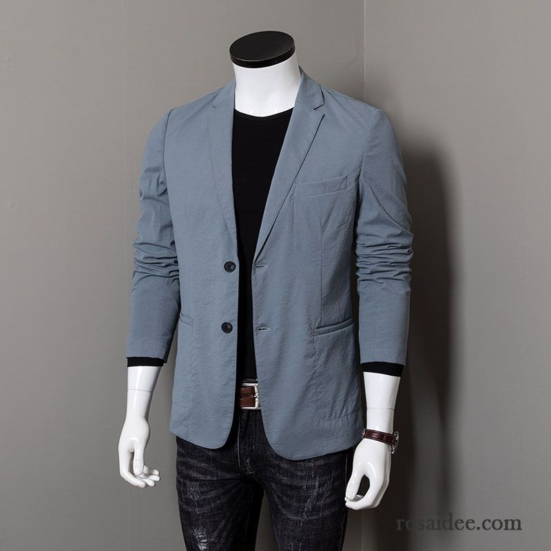 Blazer Herren Freizeit Mantel Schlank Feder Licht Retro Blau