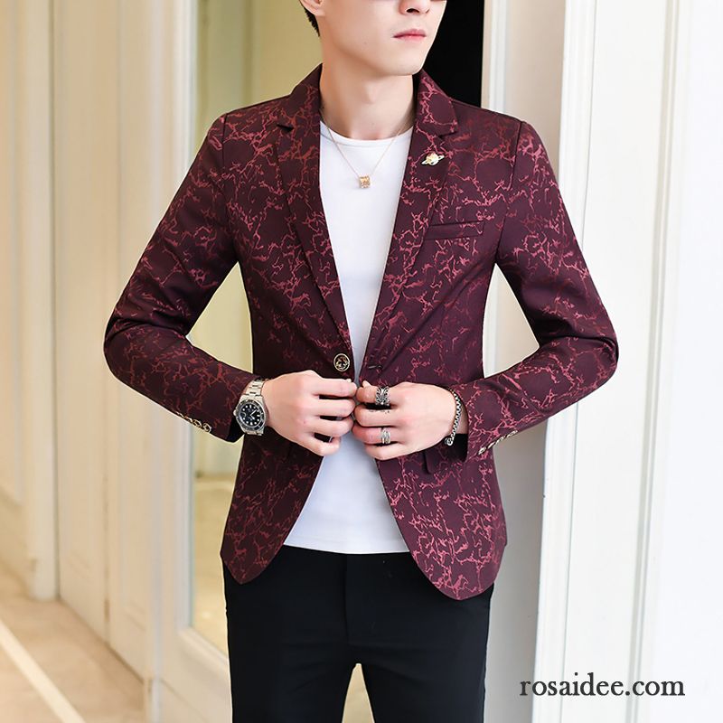 Blazer Herren Freizeit Schlank Drucken Trend England Überzieher Bordeauxrot