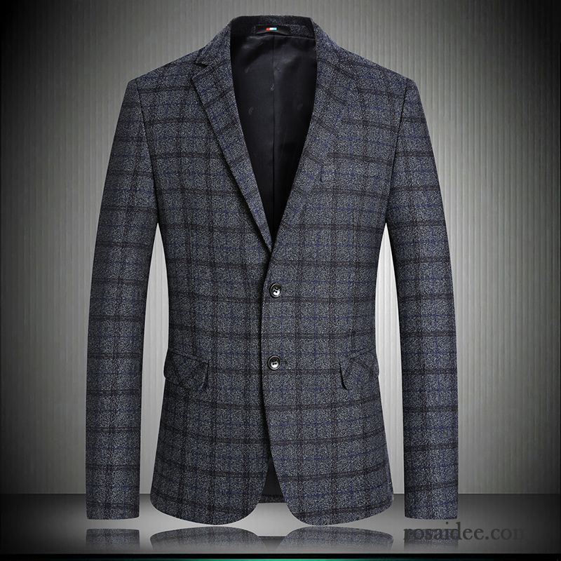 Blazer Herren Gitter Kostüm Schlank Winter Anzüg Trend Grau