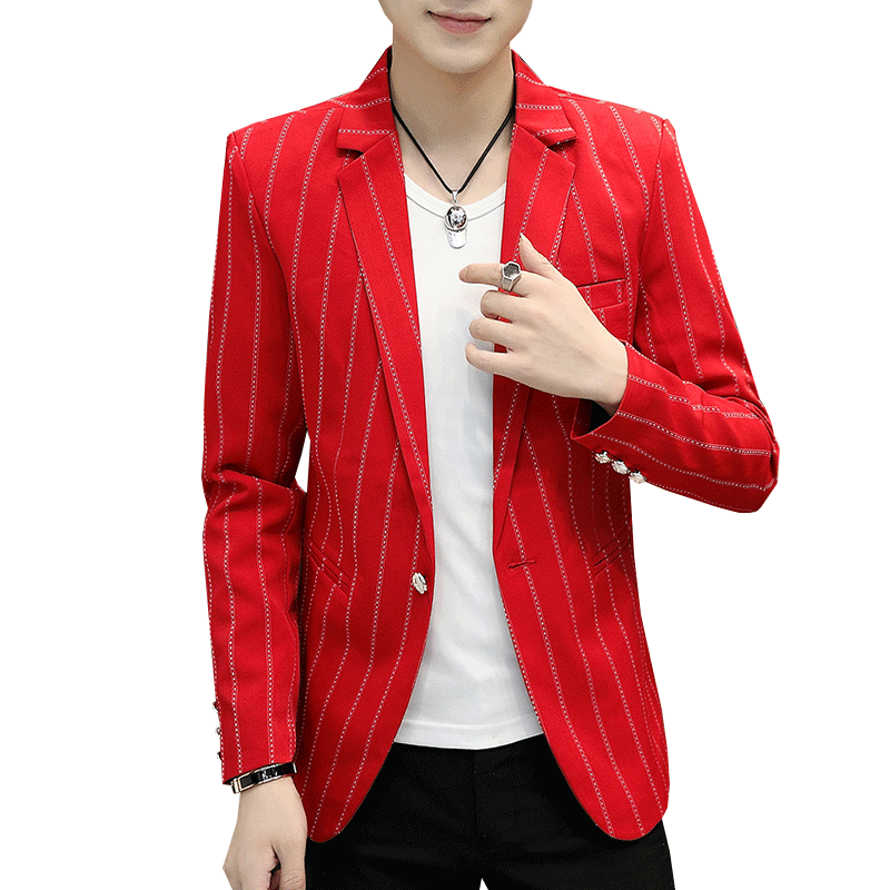 Blazer Herren Schlank Mantel Herbst Feder Anzüg Streifen Rot