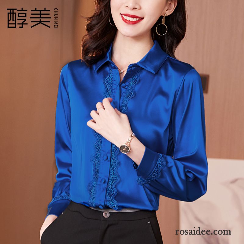 Blusen Damen Temperament Neu Chiffon Entwurf Lange Ärmel Feder Dunkelblau