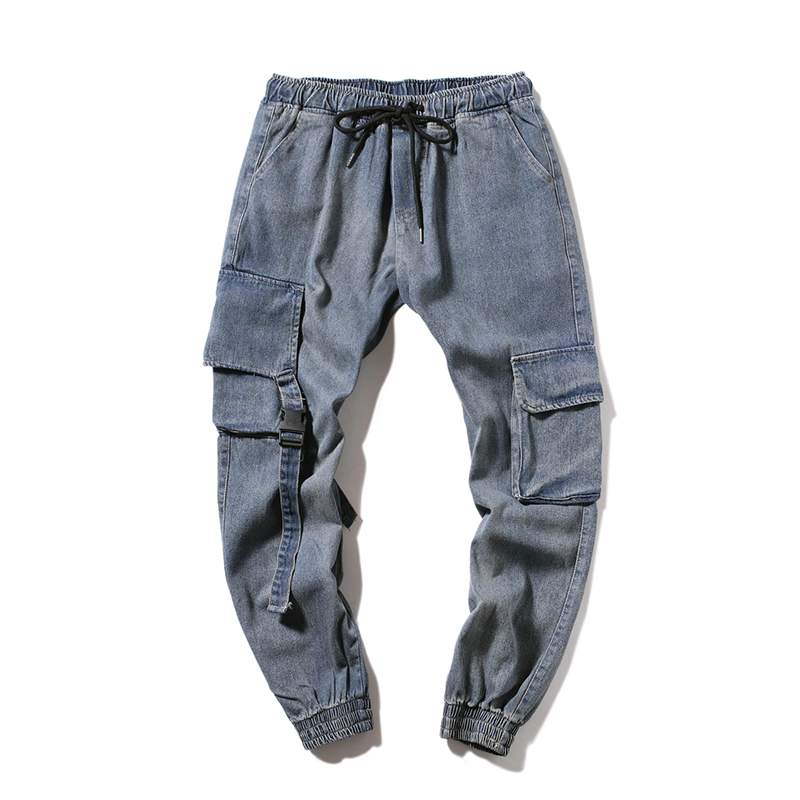 Cargohose Herren Neunte Hose Trend Werkzeugbau Jeans Lose Freizeit Blau Hell