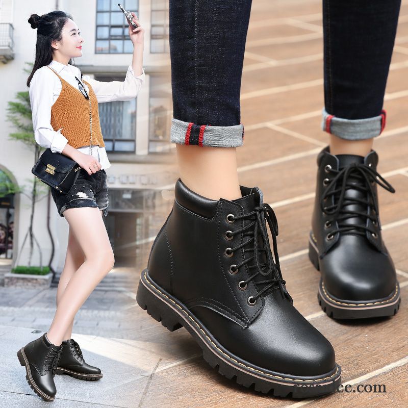 Damen Boots Schwarz Leder Schüler Allgleiches Martin Stiehlt England Baumwolle Schuhe Kurze Winter Flache Herbst Plus Samt Damen